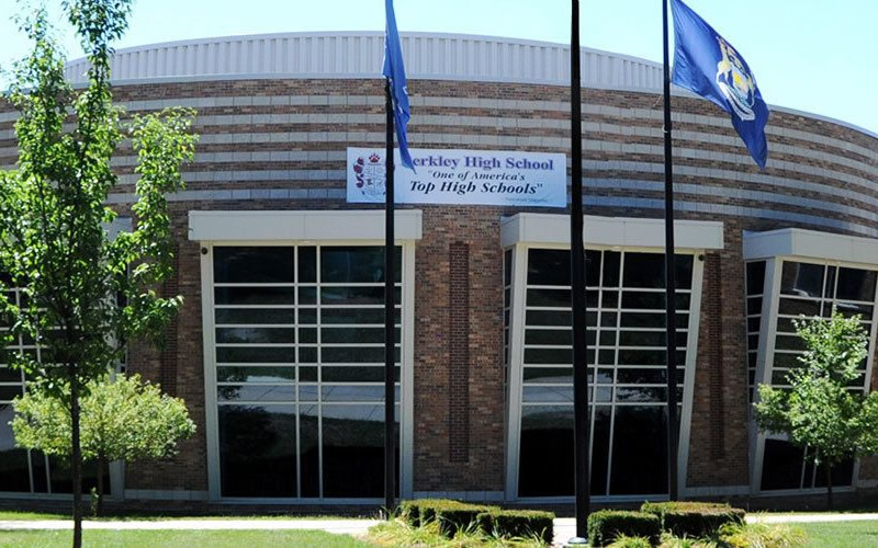 The image shows the exterior of Berkley High School, a top-ranked public school in Berkley, Michigan