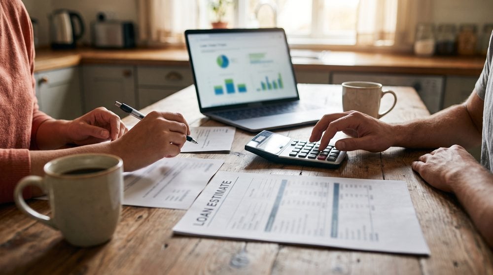 First-time buyers working through a loan estimate with a calculator to budget for closing costs