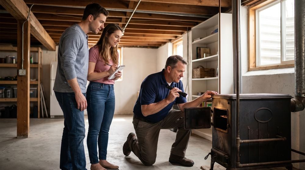 Home inspector checking an older heating unit in a basement while first-time buyers take notes