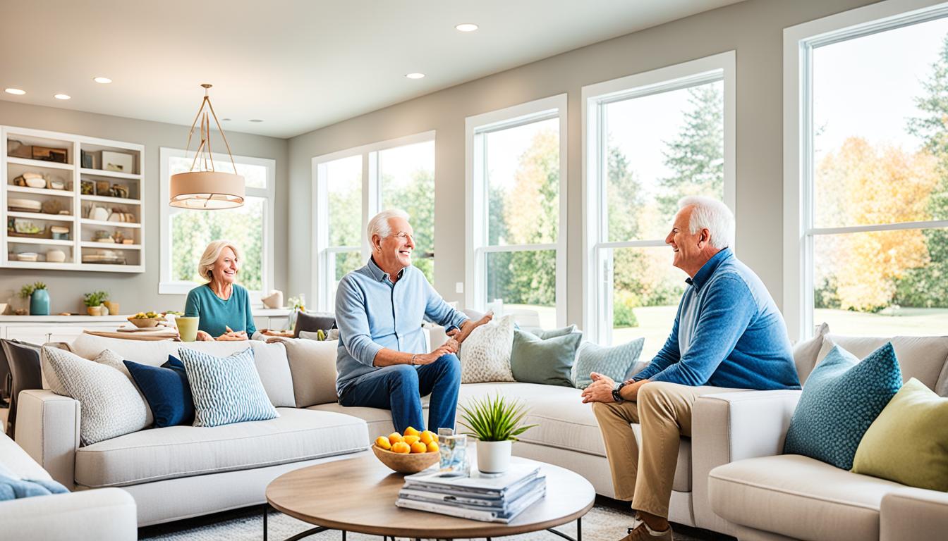Spacious living room with modern furniture, large windows, and natural light, three people discussing