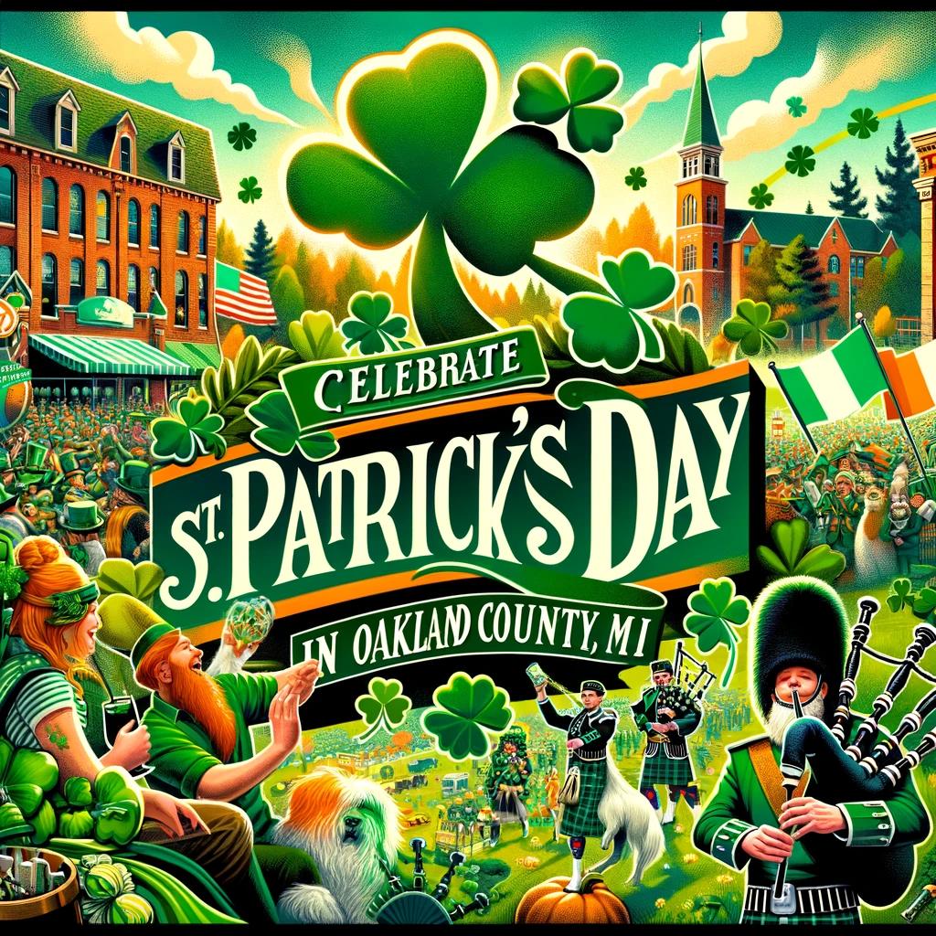 St. Patrick's Day flyer image for Oakland County, Michigan, featuring a beautiful landscape with green fields and trees as the background