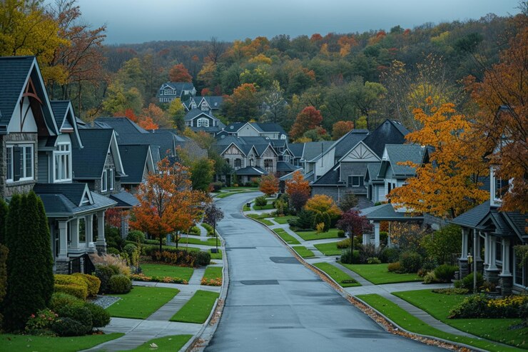 Houses nestled among lush trees, connected by winding roads