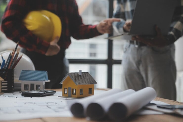 Man in a hard hat talks with a colleague holding notes