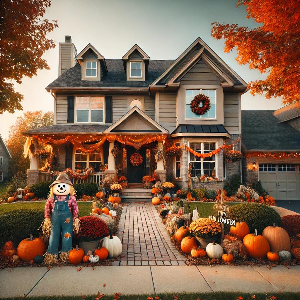 The image shows a house decorated for Halloween