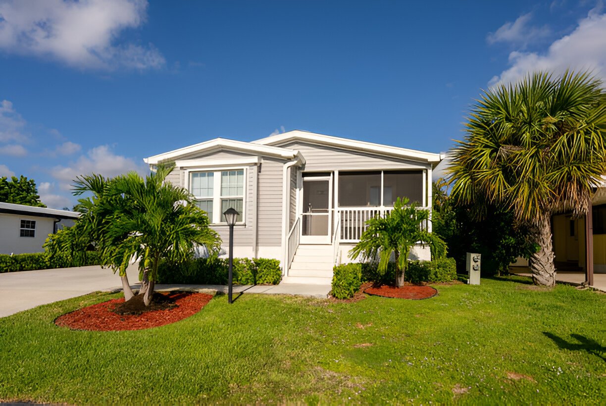 image displays a manufactured home, commonly referred to as a mobile home, situated on a landscaped lot