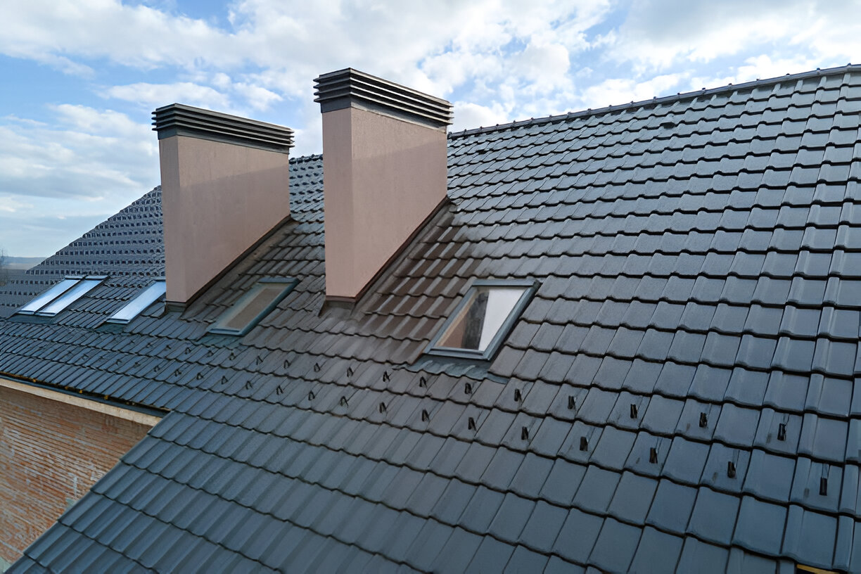 image displays a modern residential roof featuring several key components