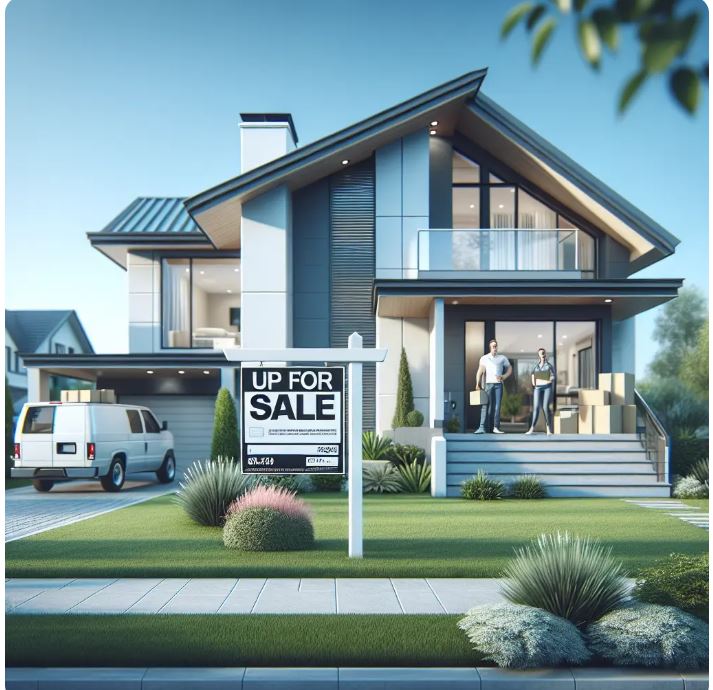 image shows a modern two-story house with a "For Sale" sign in the front yard