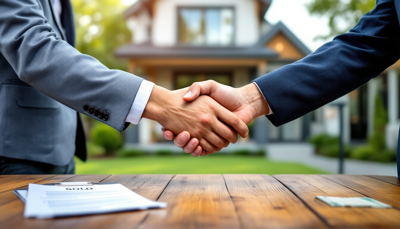 image shows a close-up of a handshake between two people, likely signifying a real estate transaction