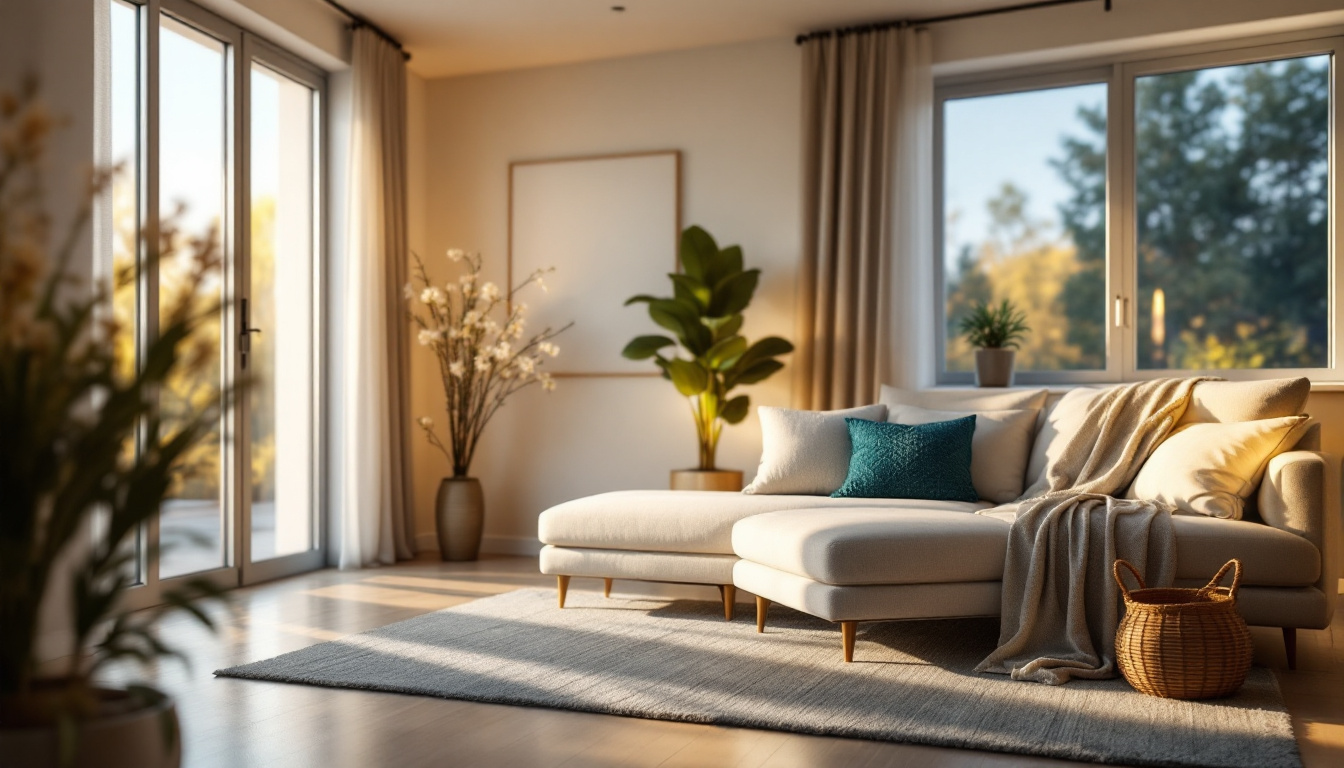 image shows a modern living room with large windows