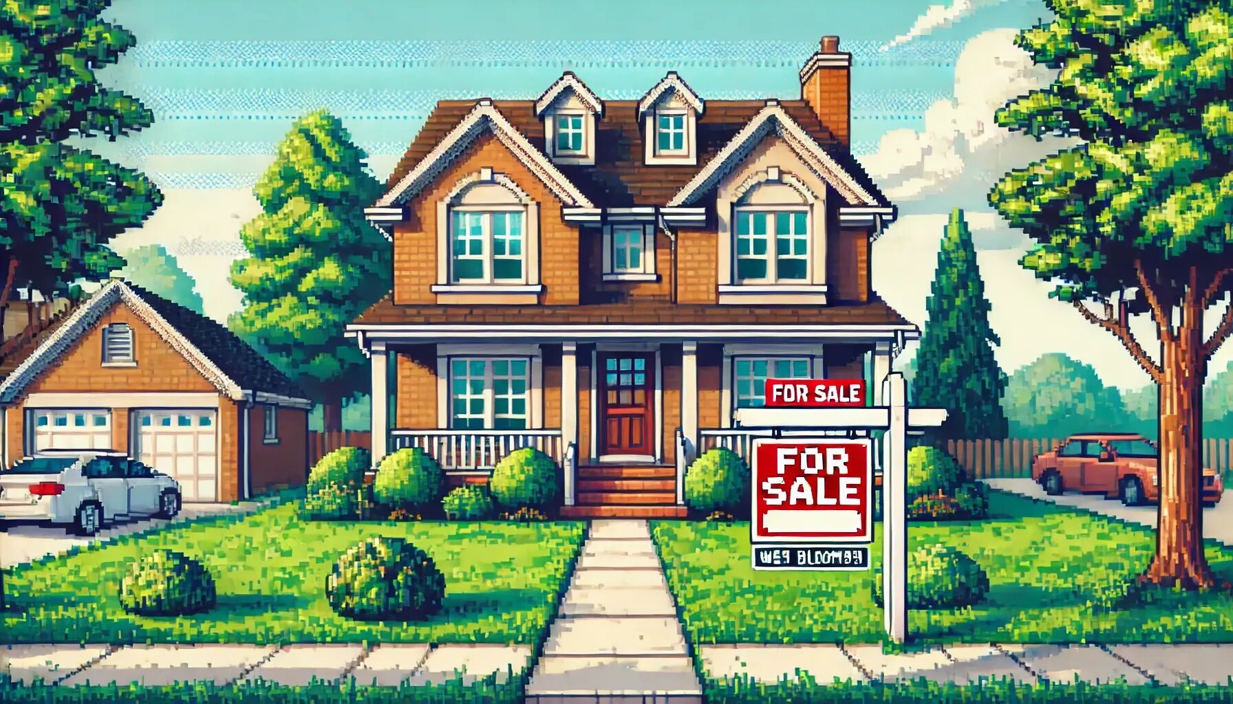 image shows a pixel art style house with a "For Sale" sign in the front yard