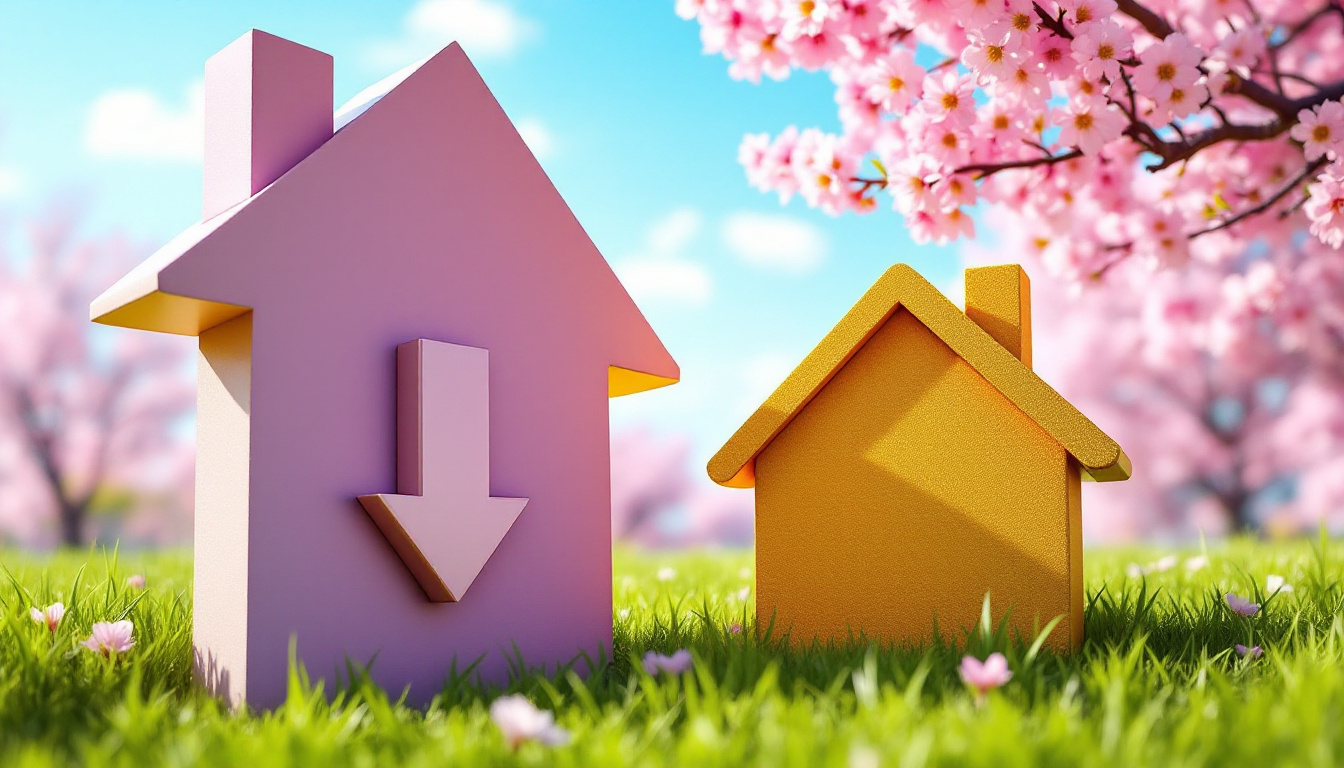 image shows two stylized house figures set in a grassy field with cherry blossoms in the background