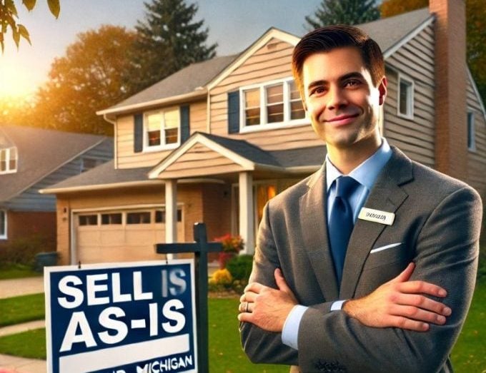 A professional real estate-themed image illustrating the concept of selling a home 'As-Is'. The image shows a well-dressed realtor