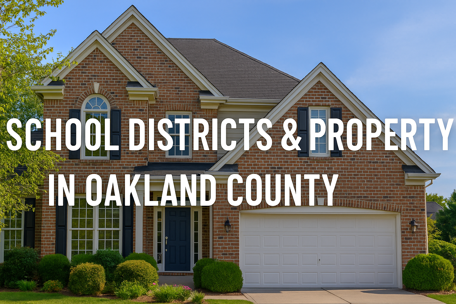 image shows a brick house with the text "SCHOOL DISTRICTS & PROPERTY IN OAKLAND COUNTY" overlaid on it