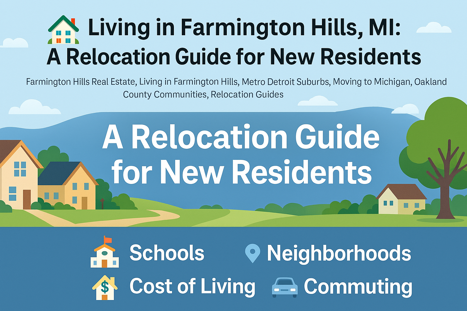 Aerial view of suburban homes and green spaces in Farmington Hills, Michigan — ideal for relocation in 2025.