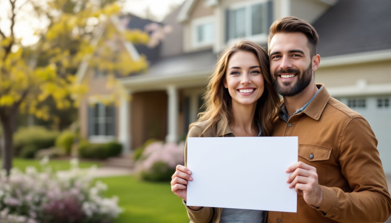A joyful couple stands in front of their new suburban home in Oakland County, Michigan, holding an “offer accepted” sign