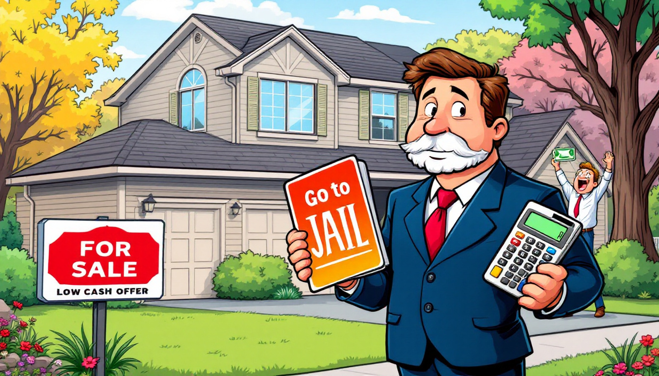 Cartoon illustration of a confident Oakland County Realtor in a suit holding a giant Monopoly “Go to Jail” card and a calculator, standing in front of a suburban home with a “For Sale” sign