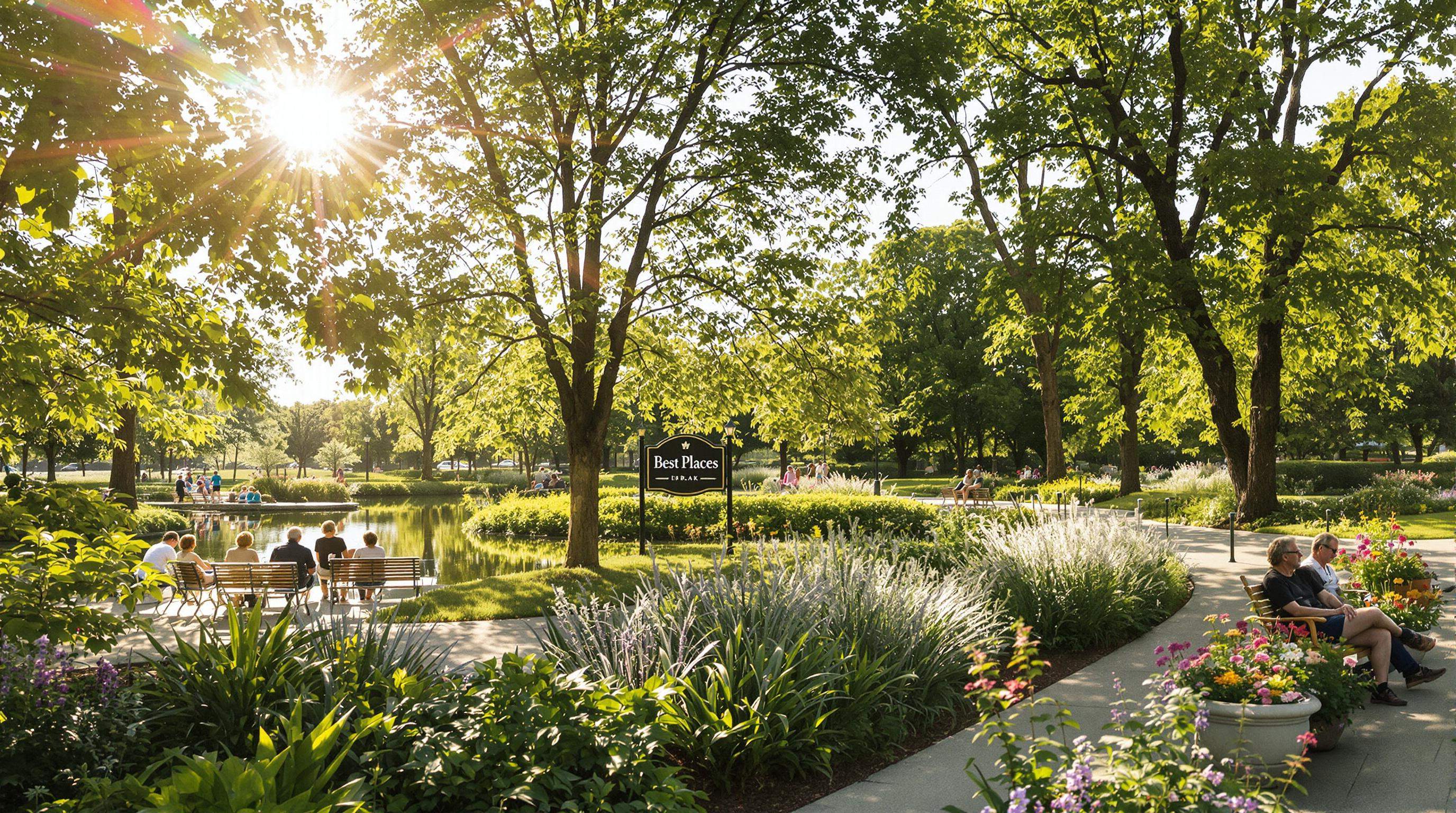 image depicts a serene park setting, likely a public garden or a well-maintained estate, with a prominent sign indicating "Best Places