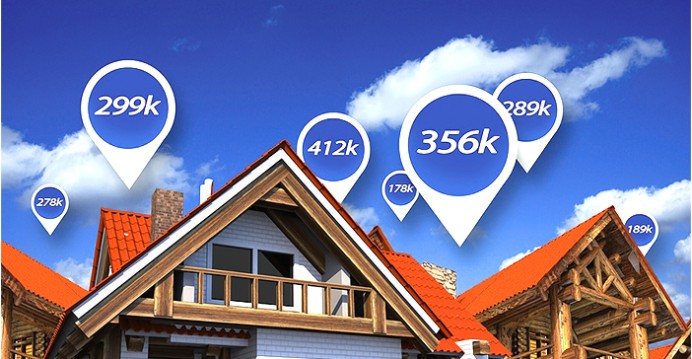 Visual representation of current home prices in Oakland County, MI neighborhoods showing price tags above rooftops