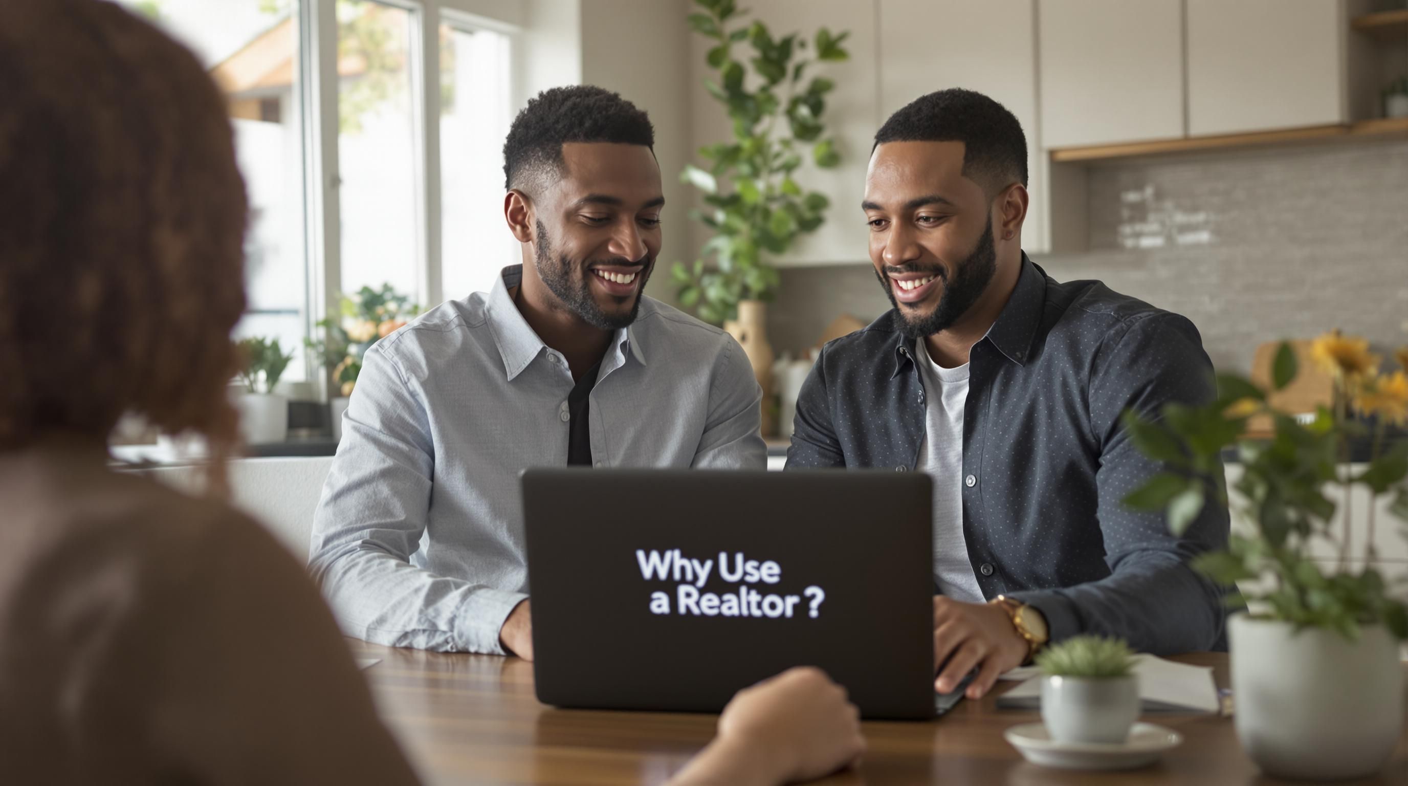 Two smiling individuals sit at a kitchen table with a Realtor, reviewing information on a laptop that reads “Why Use a Realtor?”