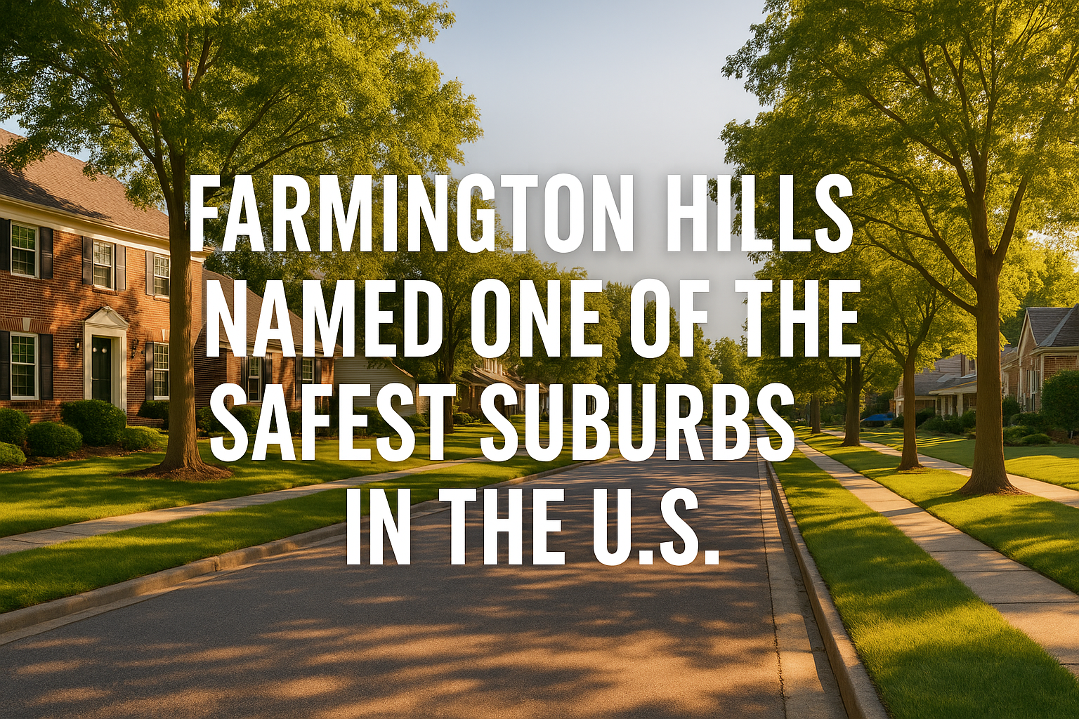 A peaceful suburban street in Farmington Hills, Michigan, showcasing a safe and family-friendly neighborhood ranked among the safest suburbs in the U.S.