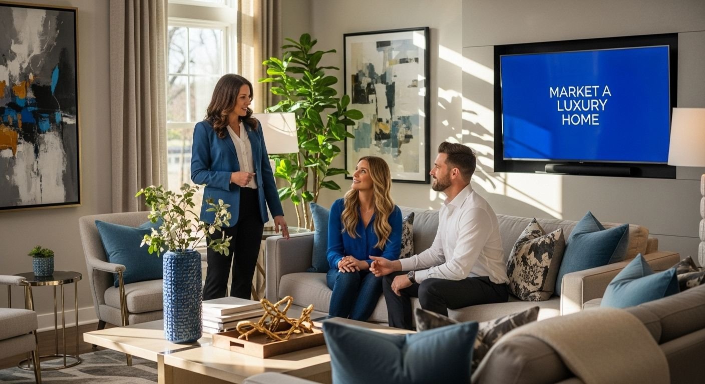 Real estate agent presenting luxury home marketing strategies to a couple in an upscale, modern living room with stylish décor, blue accents, and a screen displaying “Market a Luxury Home” in Oakland County, Michigan.