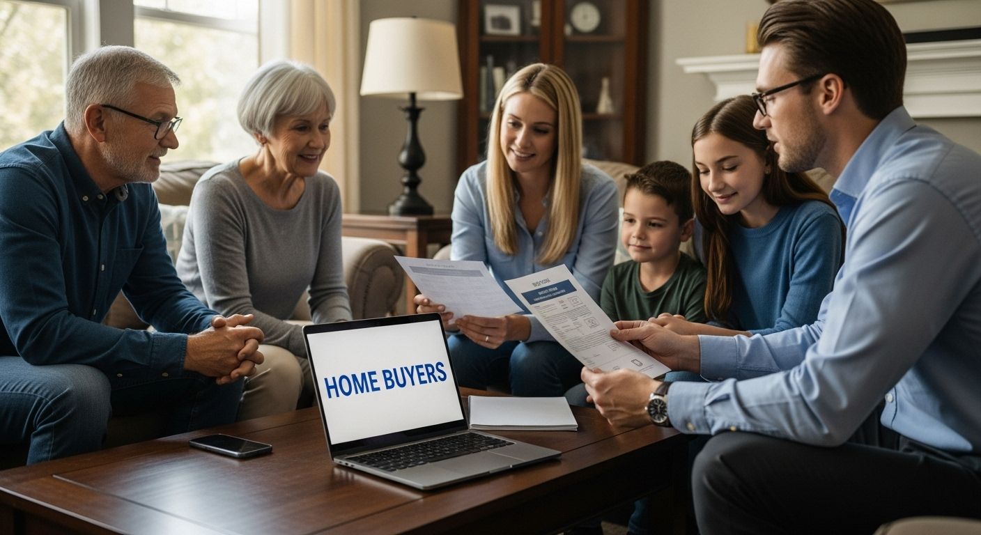 A multi-generational Oakland County family sits around a living room table with a local real estate professional. The agent explains documents related to home buying, property taxes, and exemptions. A laptop on the table displays the words “Home Buyers,” emphasizing the importance of planning and expert guidance when purchasing a home in Southeast Michigan in 2025.