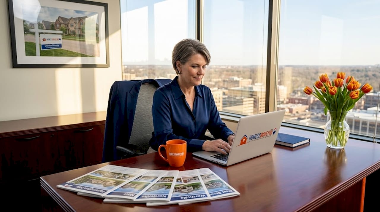 Oakland County luxury real estate agent working in upscale office with Homes2MoveYou.com branding — choosing the right luxury realtor Farmington Hills MI — Tom Gilliam RE/MAX Classic 248-790-5594