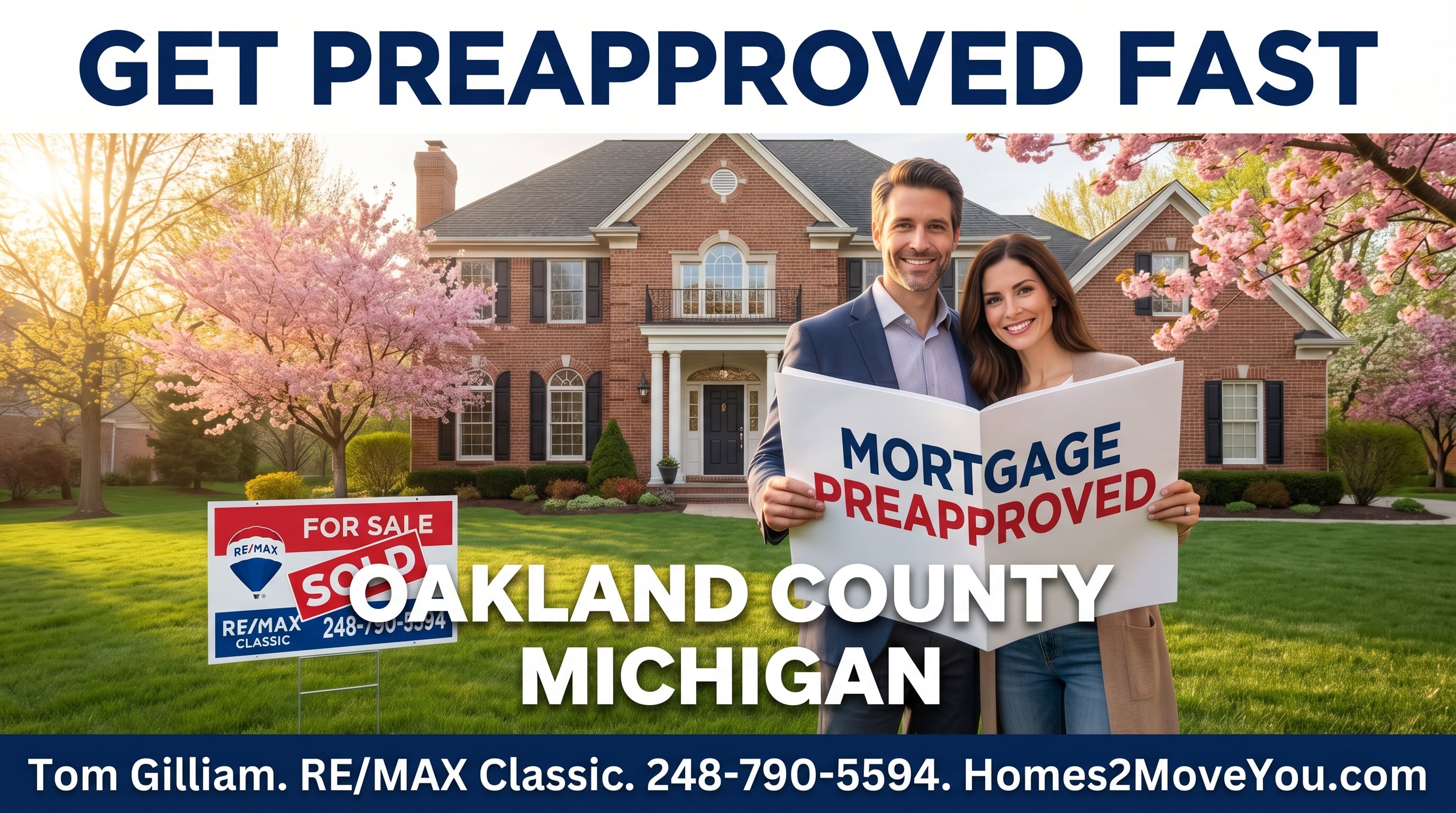 Happy couple holding mortgage preapproved document in front of beautiful brick colonial home in Oakland County Michigan Spring 2026. Get preapproved fast with Realtor Tom Gilliam RE/MAX Classic Farmington Hills MI 248-790-5594 Homes2MoveYou.com