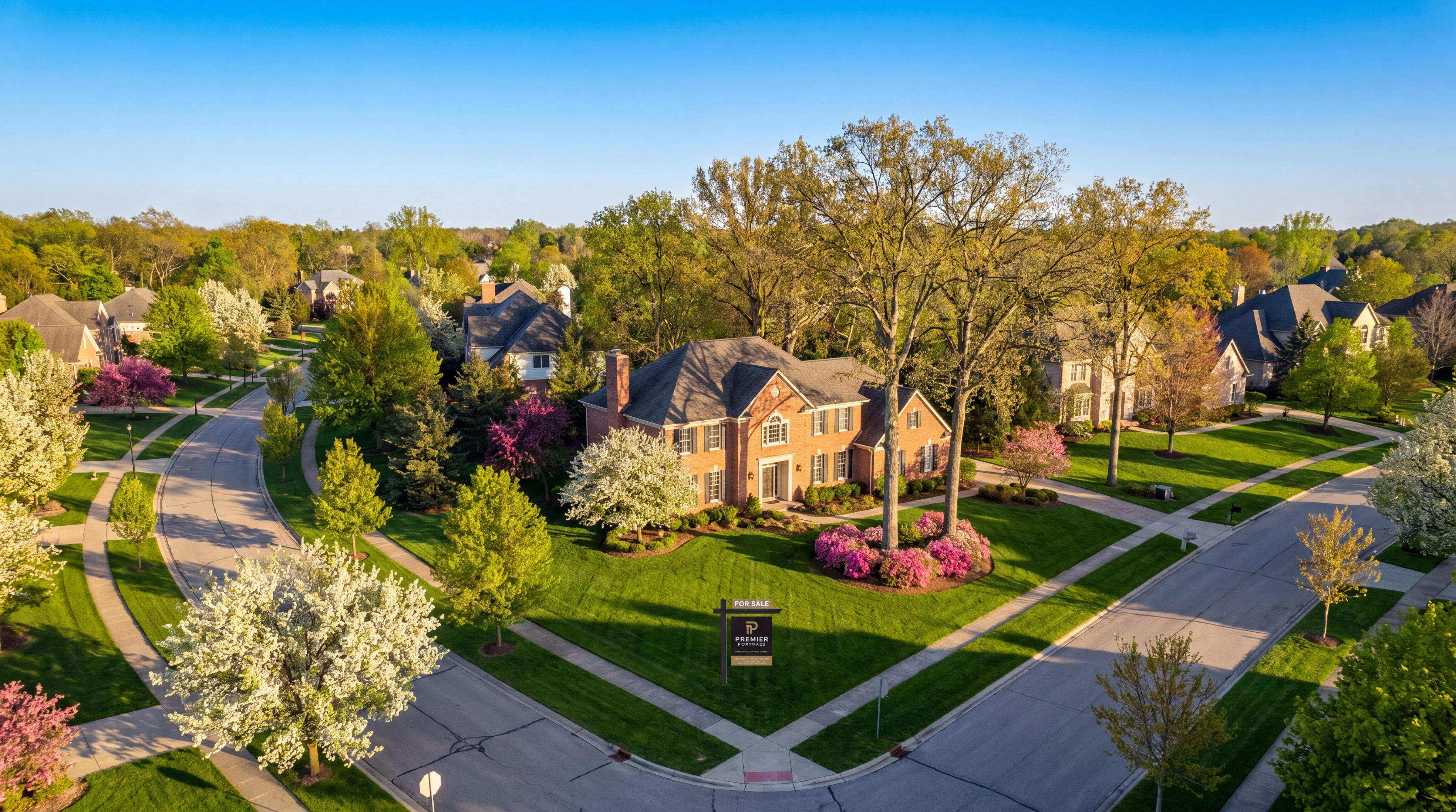 Aerial view of a brick colonial home for sale in a Farmington Hills Michigan neighborhood Spring 2026 showing upscale tree-lined streets and blooming spring landscaping in Oakland County MI