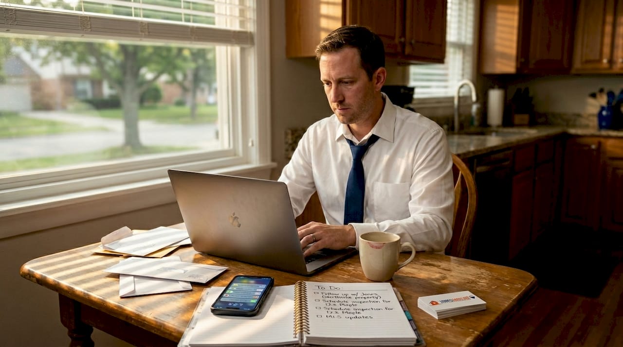 Oakland County Michigan real estate agent planning morning routine at kitchen table reviewing MLS listings and client tasks — Tom Gilliam RE/MAX Classic Farmington Hills Michigan 248-790-5594