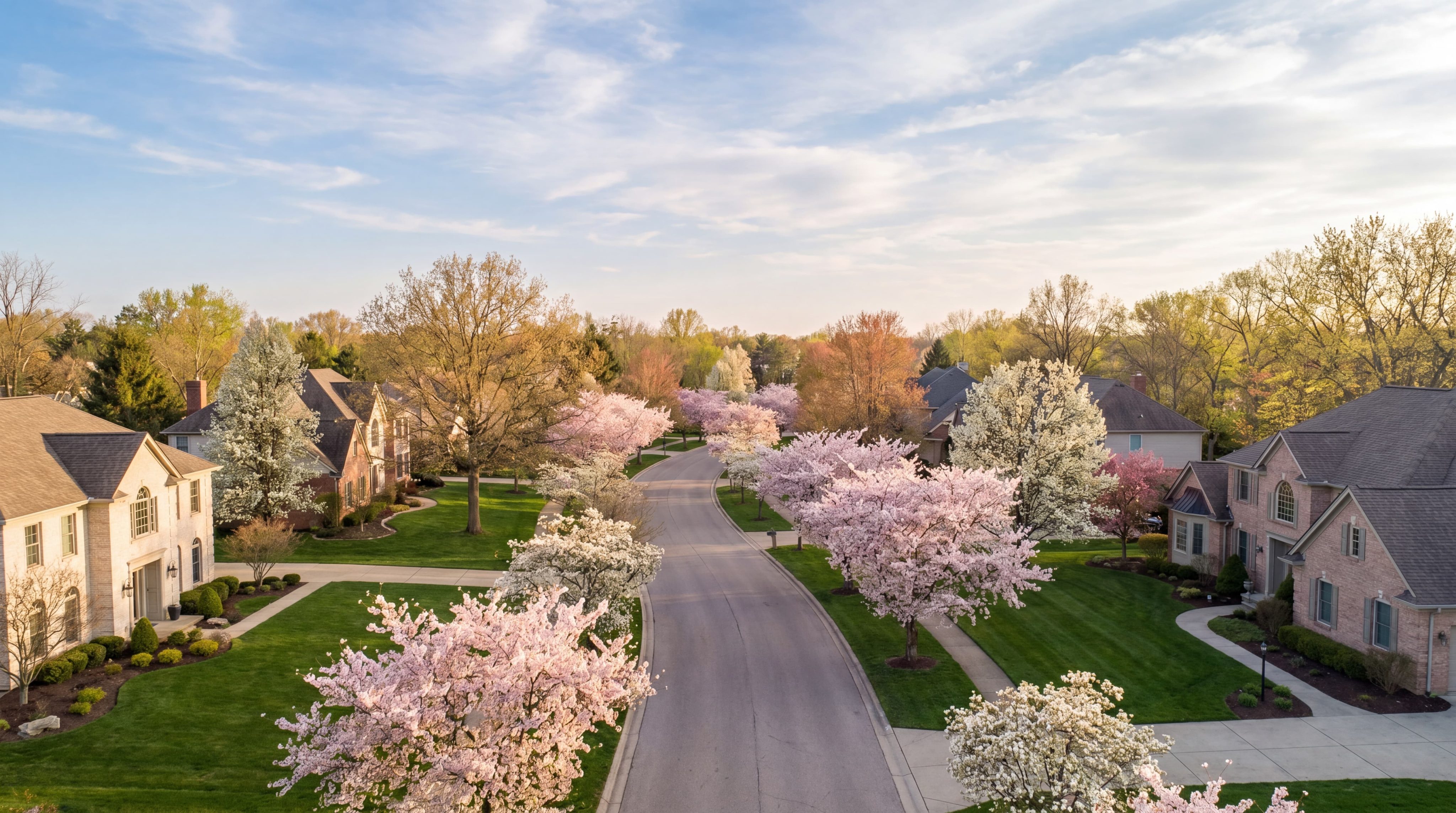 Beautiful spring aerial view of Farmington Hills Michigan neighborhood with blooming trees and well maintained homes — Moving to Farmington Hills Michigan 2026 Relocation Guide — Tom Gilliam RE/MAX Classic 248-790-5594