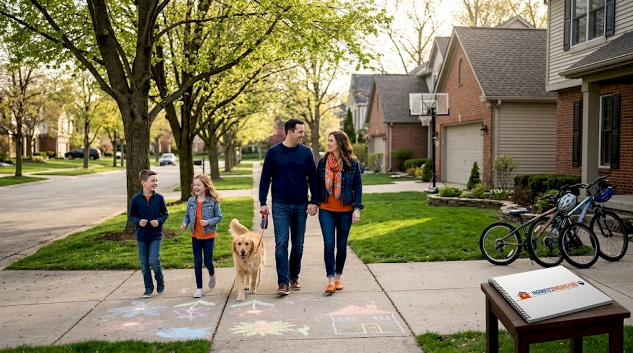 Happy family with children and golden retriever walking on a tree lined suburban street in Oakland County Michigan in spring 2026. Best suburbs near Detroit. Realtor Tom Gilliam RE/MAX Classic Farmington Hills MI 248-790-5594 Homes2MoveYou.com