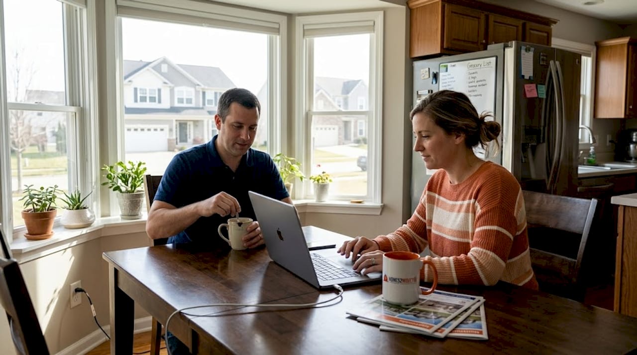 Couple reviewing Oakland County Michigan home listings on laptop over morning coffee with Homes2MoveYou.com branded mug at kitchen table. Tom Gilliam RE/MAX Classic Farmington Hills MI 248-790-5594 Homes2MoveYou.com