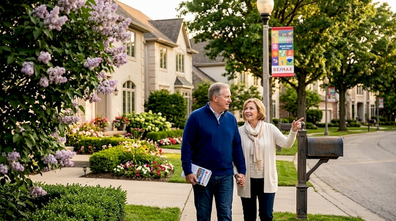 Active adult couple walking in Oakland County Michigan 55+ community — Tom Gilliam RE/MAX Classic SRES