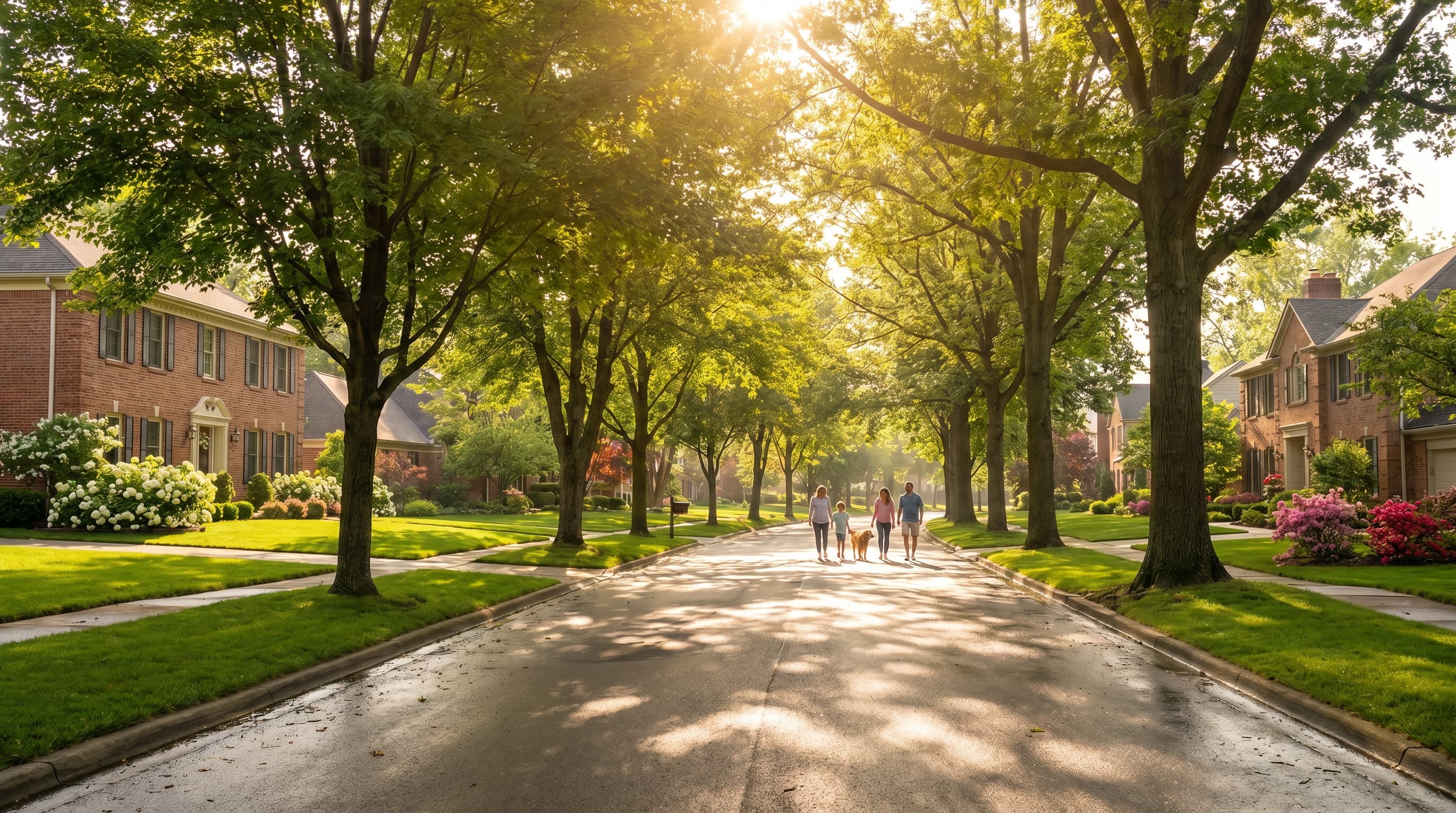 Beautiful tree-lined residential street in Farmington Hills Michigan with brick colonial homes and family walking dog on sunny summer morning — Tom Gilliam RE/MAX Classic Homes2MoveYou 2026