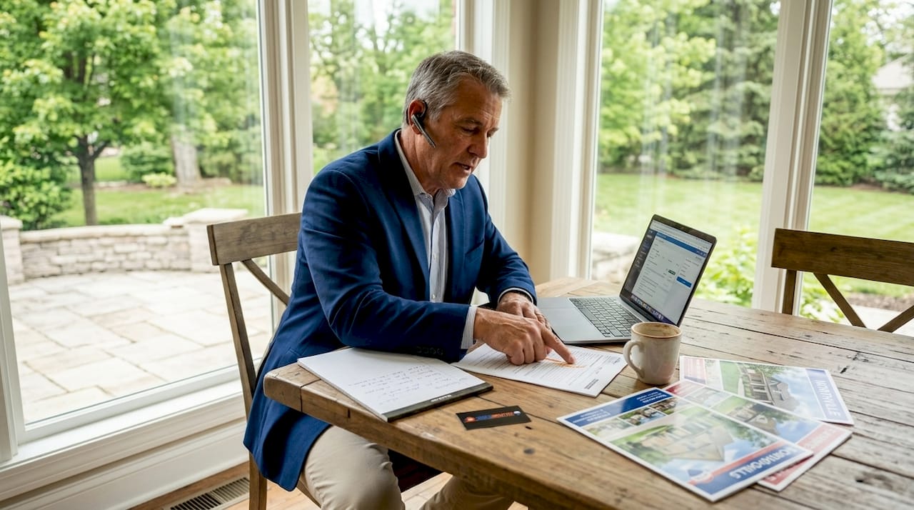 Real estate agent negotiating contracts on phone at kitchen table with laptop and MLS listings — Tom Gilliam PSA RE/MAX Classic Homes2MoveYou expert negotiation Oakland County Michigan 2026