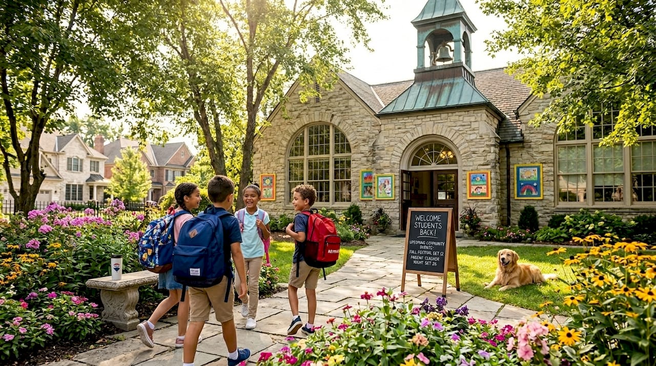 Children with backpacks arriving at beautiful stone elementary school with Welcome Students Back sign and golden retriever — best elementary schools Oakland County Michigan — Tom Gilliam RE/MAX Classic Homes2MoveYou Farmington Hills 2026