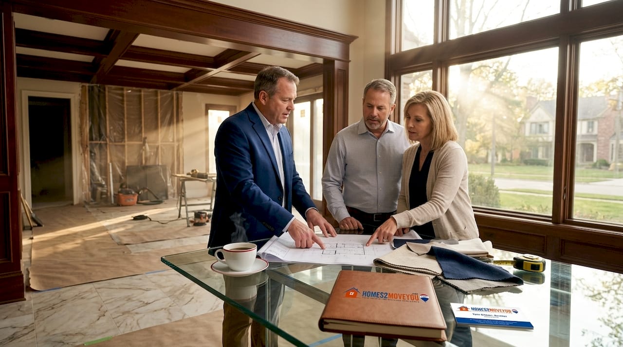 Tom Gilliam RE/MAX Classic — architect and homeowners review renovation plans in luxury Farmington Hills Michigan home — rebuild vs renovate decision Oakland County luxury real estate 2026 — Homes2MoveYou.com