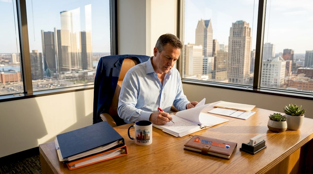 Real estate attorney reviewing contracts at desk with Detroit skyline view — Tom Gilliam RE/MAX Classic Homes2MoveYou Oakland County Michigan legal protection guide 2026