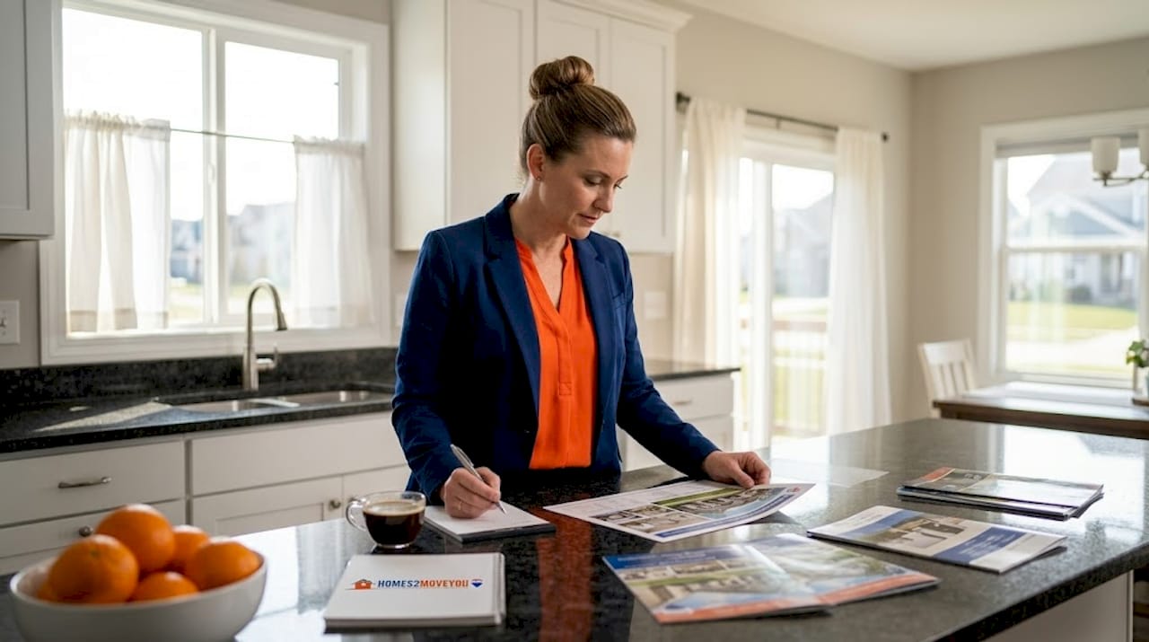 Real estate agent reviewing Oakland County Michigan home listing materials at kitchen island — Tom Gilliam RE/MAX Classic Homes2MoveYou Farmington Hills Michigan 2026