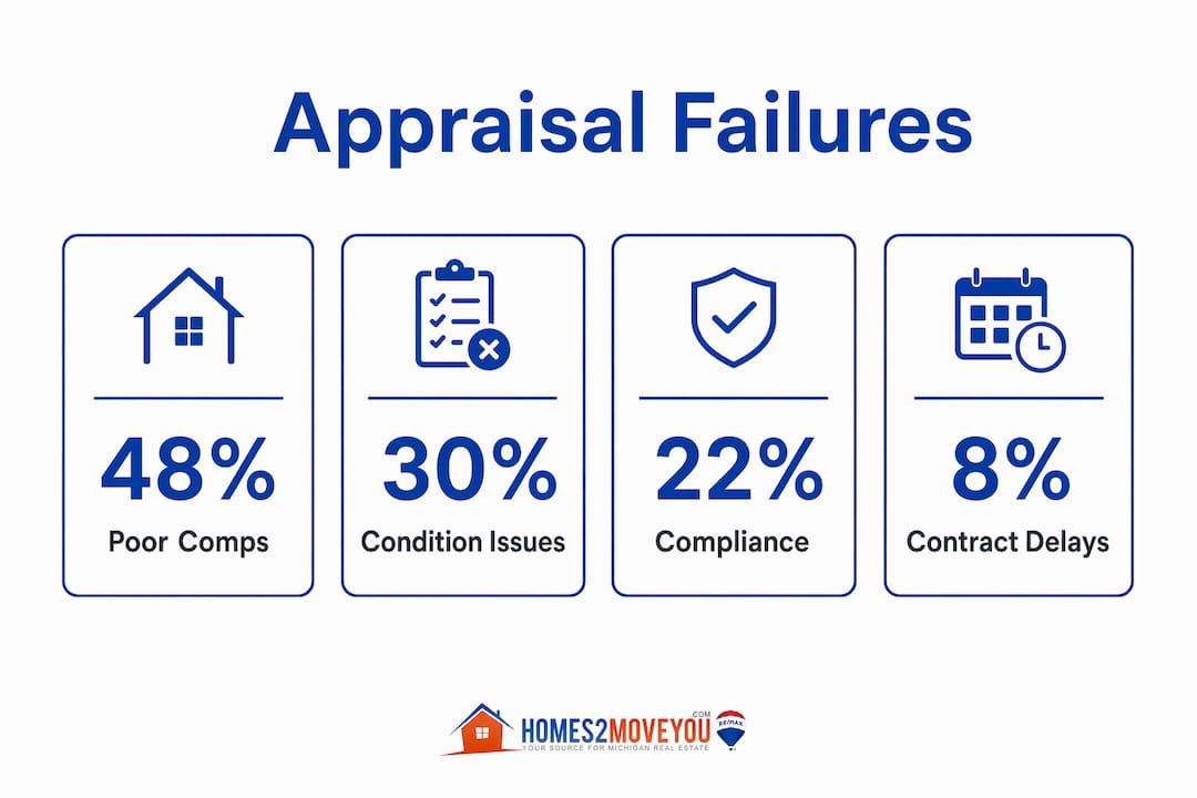 Appraisal failures infographic showing 48% poor comps, 30% condition issues, 22% compliance, 8% contract delays — Oakland County Michigan — Tom Gilliam RE/MAX Classic — Homes2MoveYou.com