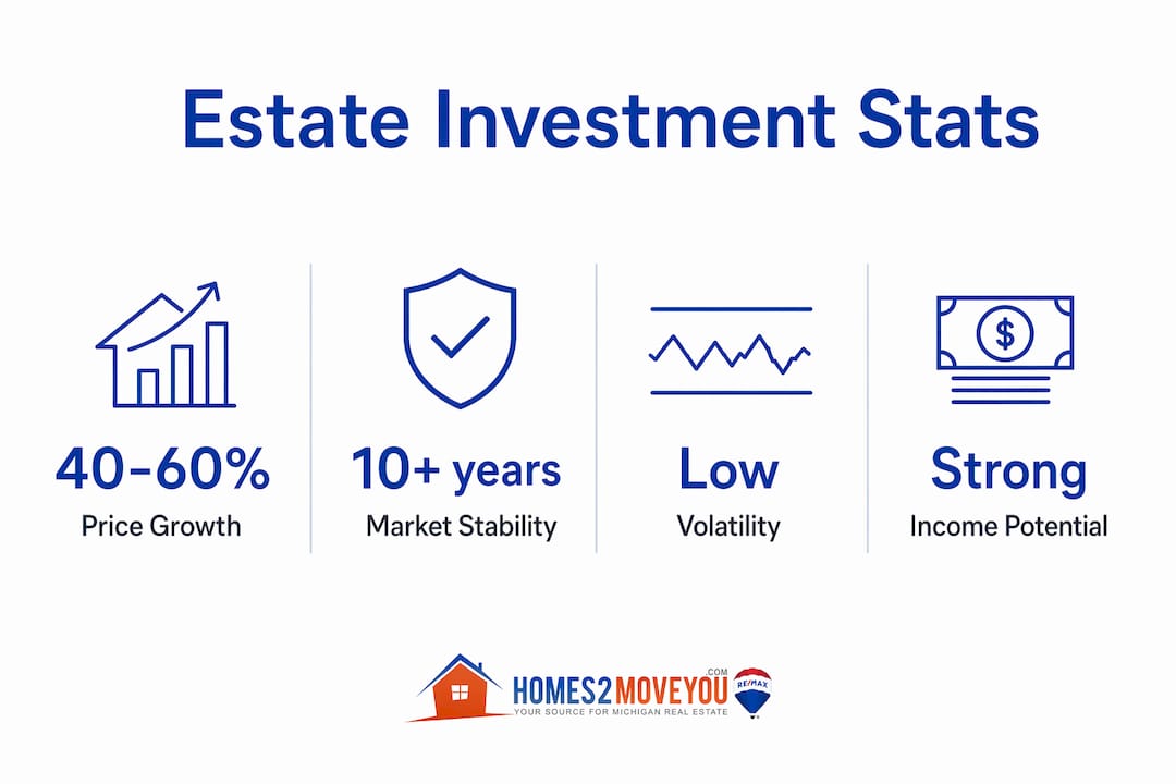 Estate property investment statistics infographic — 40-60% price growth, 10+ years market stability, low volatility, strong income potential — Oakland County Michigan — Tom Gilliam RE/MAX Classic — Homes2MoveYou.com
