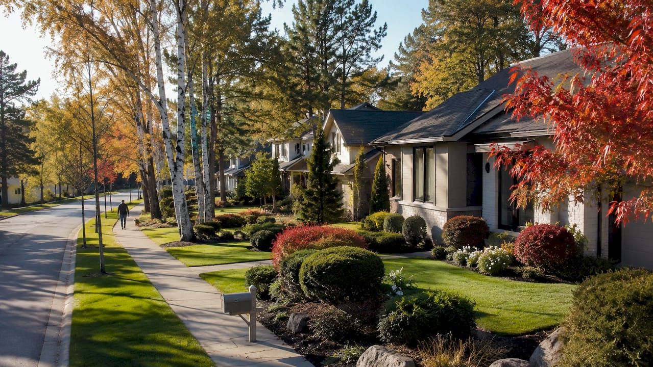 Affordable homes in Oakland County Michigan — tree-lined Farmington Hills ranch neighborhood street scene with mature trees and manicured landscaping