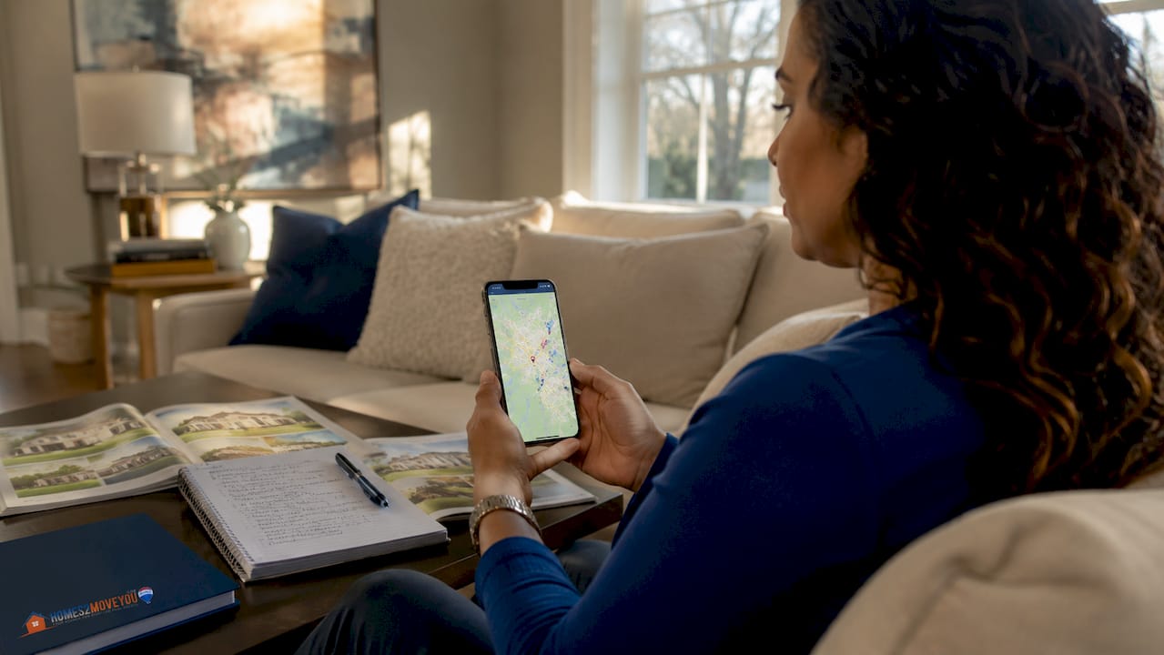 Woman in Farmington Hills Michigan researching Oakland County school district locations and real estate maps on smartphone while reviewing home listings