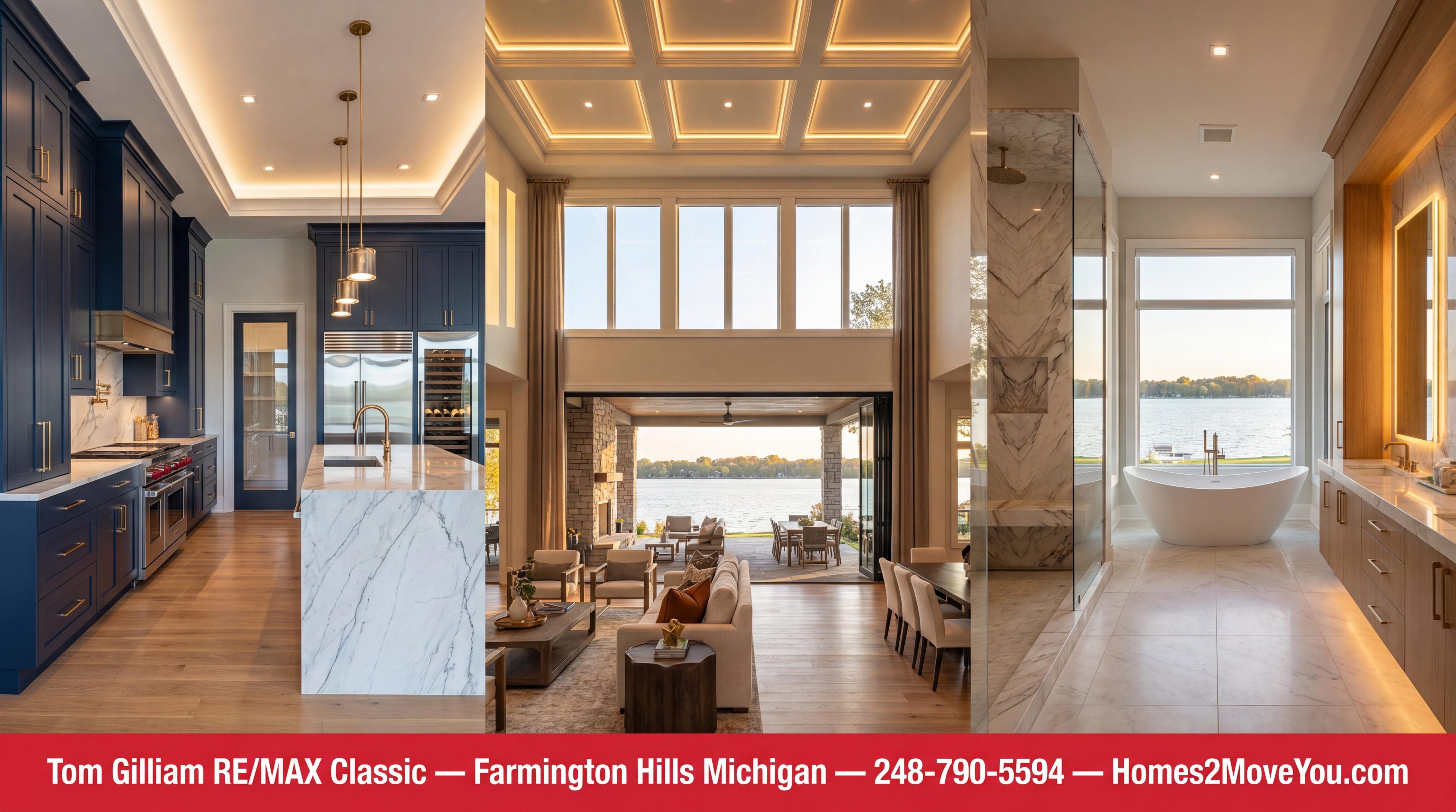 Luxury home features Oakland County Michigan 2026 showcasing premium chef's kitchen spa bathroom and lake view outdoor living in Farmington Hills Novi West Bloomfield and Bloomfield Hills presented by Tom Gilliam best realtor Farmington Hills Michigan at RE/MAX Classic