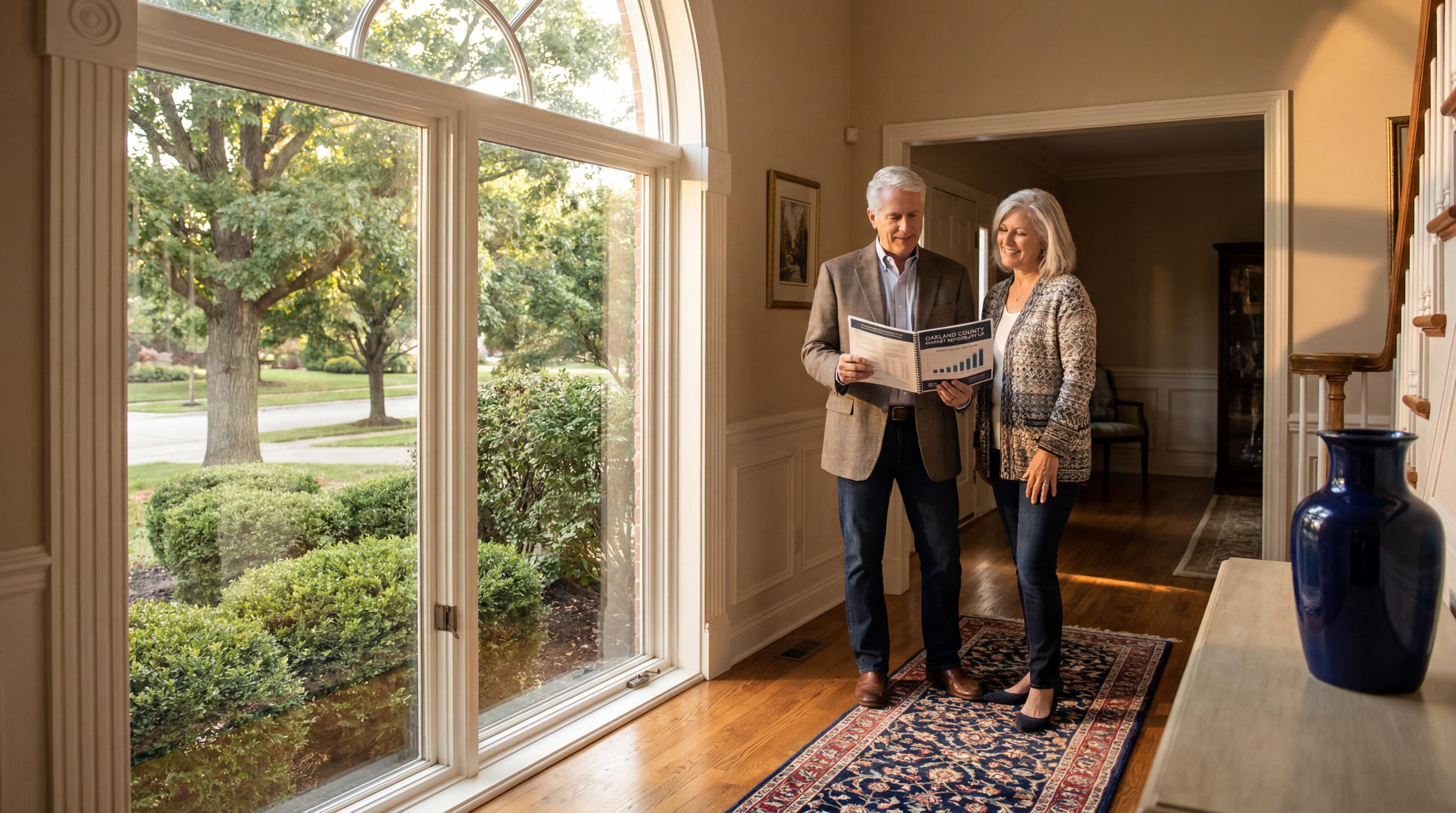 Oakland County Michigan homeowners reviewing home equity and market value report in Farmington Hills colonial home — Tom Gilliam RE/MAX Classic 2026