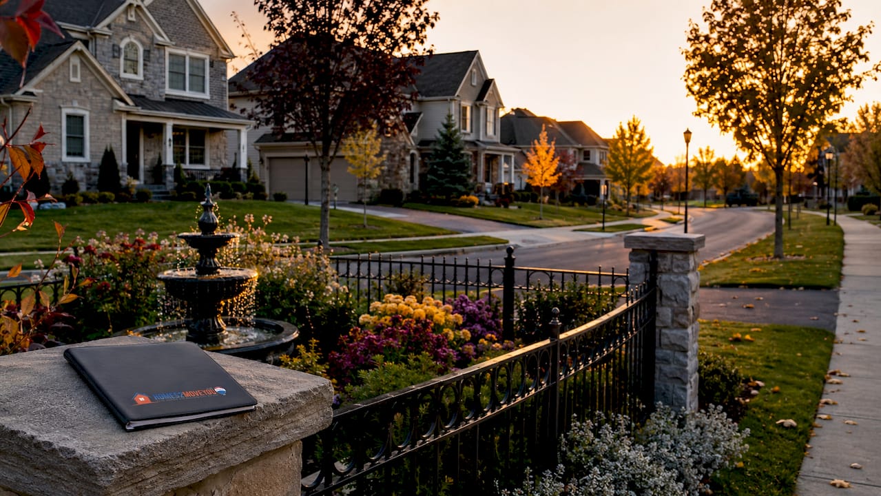 Best places to live in Oakland County Michigan — quiet Novi Michigan neighborhood street at sunset with stone homes manicured landscaping and Homes2MoveYou branded notebook 2026