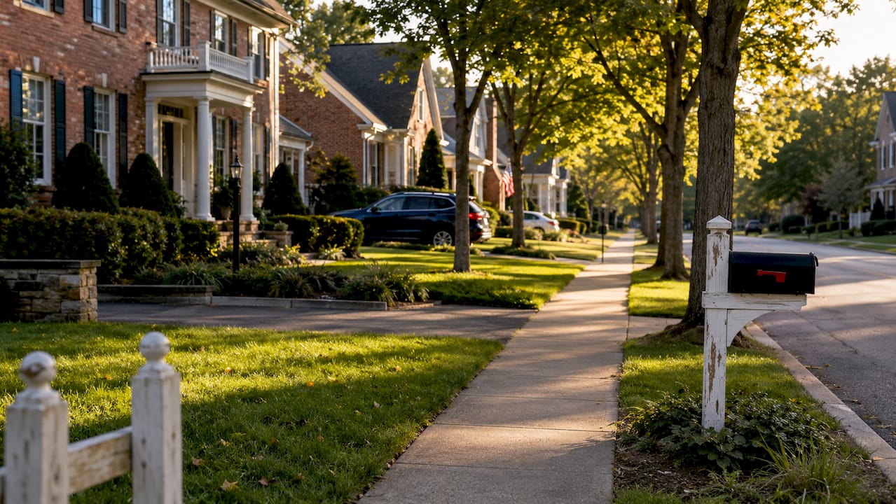 Best places to live in Oakland County Michigan — tree-lined Farmington Hills neighborhood street with brick colonial homes and manicured landscaping at golden hour 2026