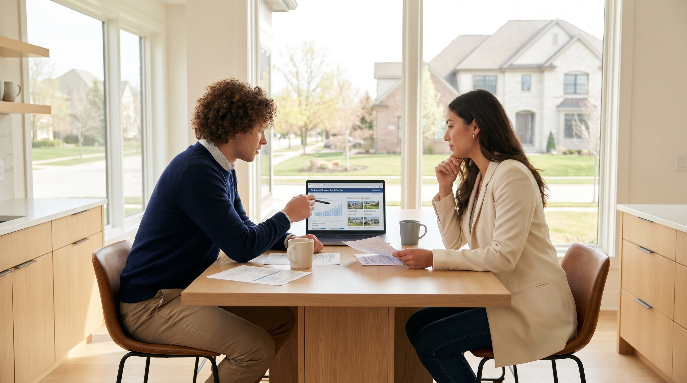Young couple reviewing buying versus renting options in Oakland County Michigan 2026 — Tom Gilliam RE/MAX Classic 248-790-5594 Homes2MoveYou.com
