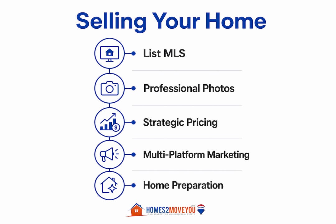 Infographic illustrating five home selling steps — List MLS, Professional Photos, Strategic Pricing, Multi-Platform Marketing, Home Preparation — Oakland County Michigan real estate marketing strategies 2026 — Homes2MoveYou.com — Tom Gilliam RE/MAX Classic Farmington Hills Michigan — 248-790-5594